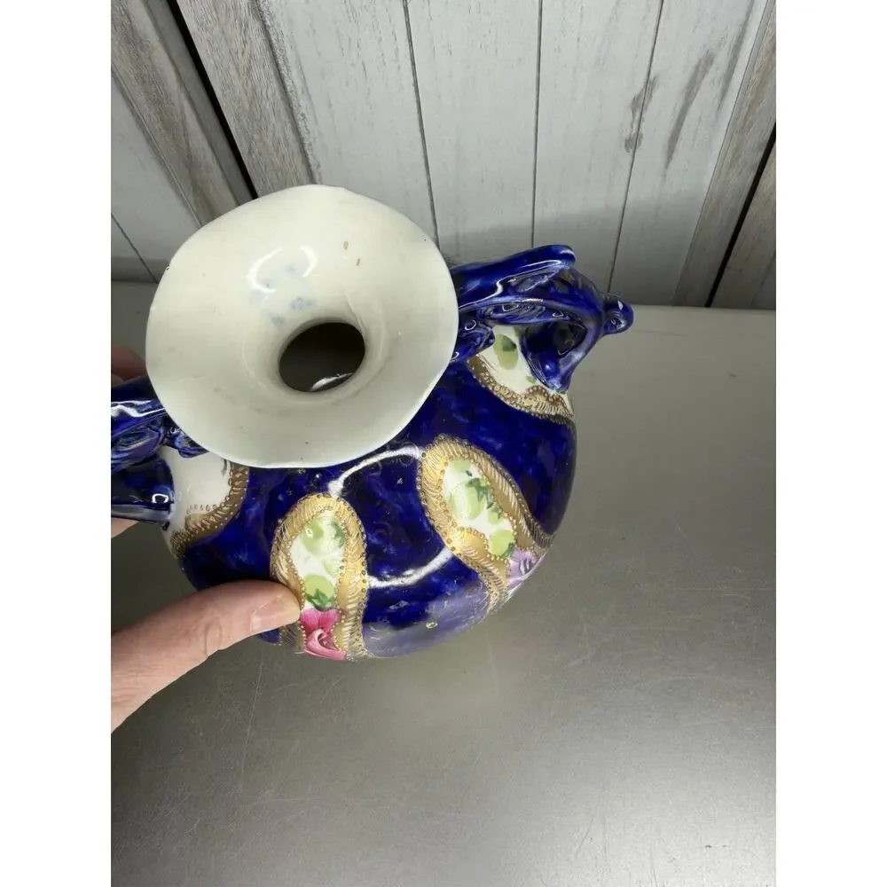 Antique Nippon Hand Paint Cobalt Blue Gold Rose Porcelain Handled Vase Urn